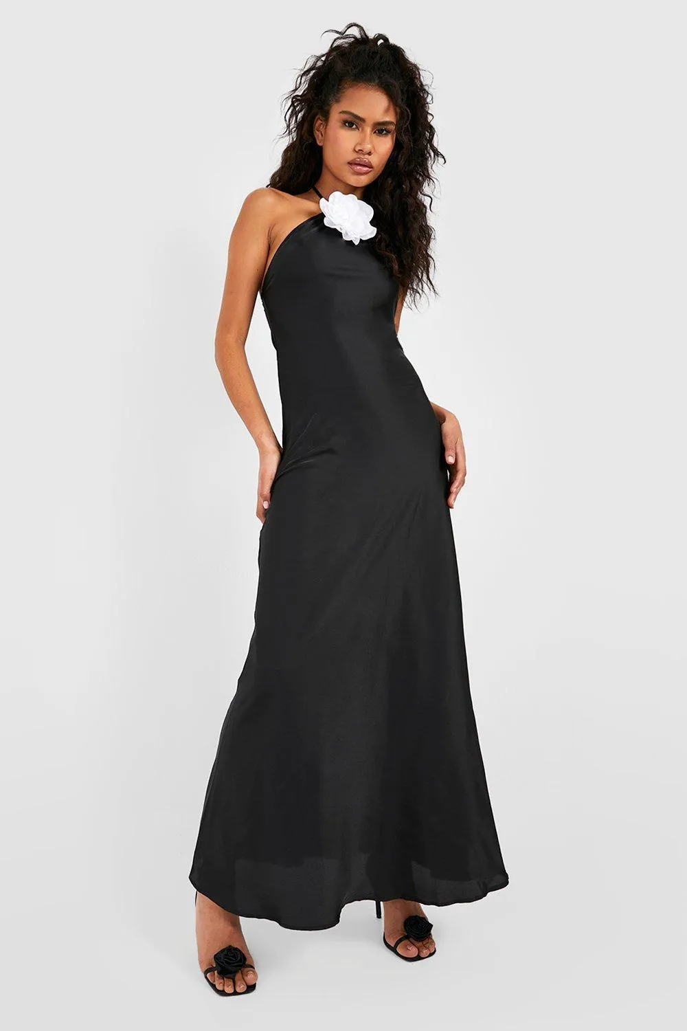 Contrast Flower Satin Slip Dress