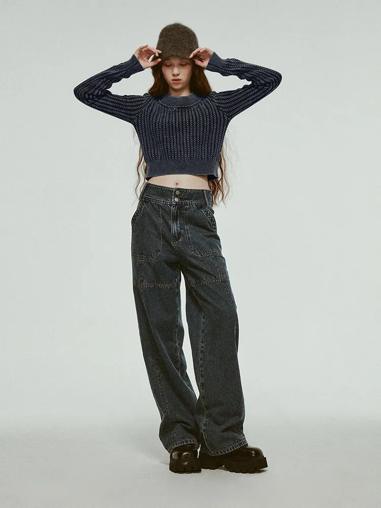 Denim-Blue Short Cable-Knit Retro Round-Neck Tops