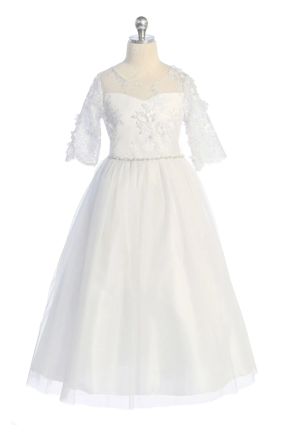 Flower and Pearl Lace Illusion Girls Dress with Plus Sizes