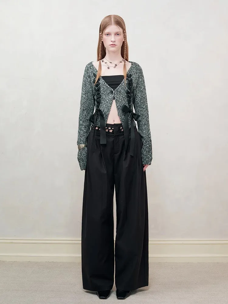 Lace-Up Knit Chic V-Neck Ribbon Cardigan