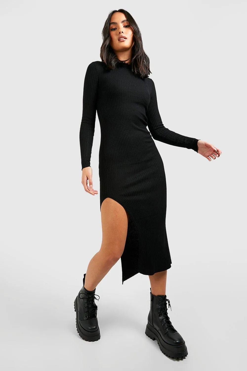 Turtle Neck Rib Knit Midi Dress